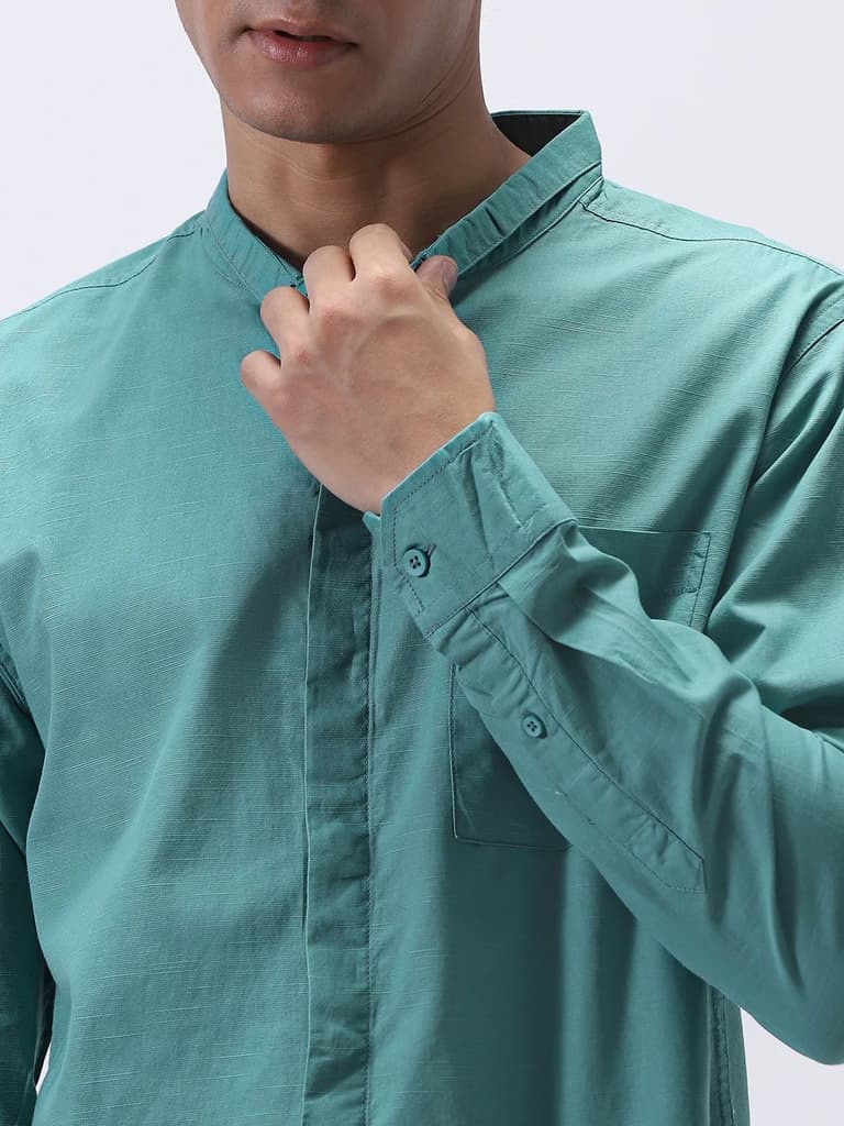 Men's Light Teal Cotton Full Sleeve Regular Fit Casual Solid Shirt with Band Collar — photo 6