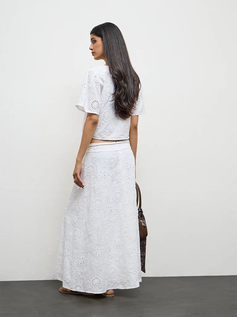 LOV White Schiffli Embroidered High-Rise Cotton Skirt — photo 4