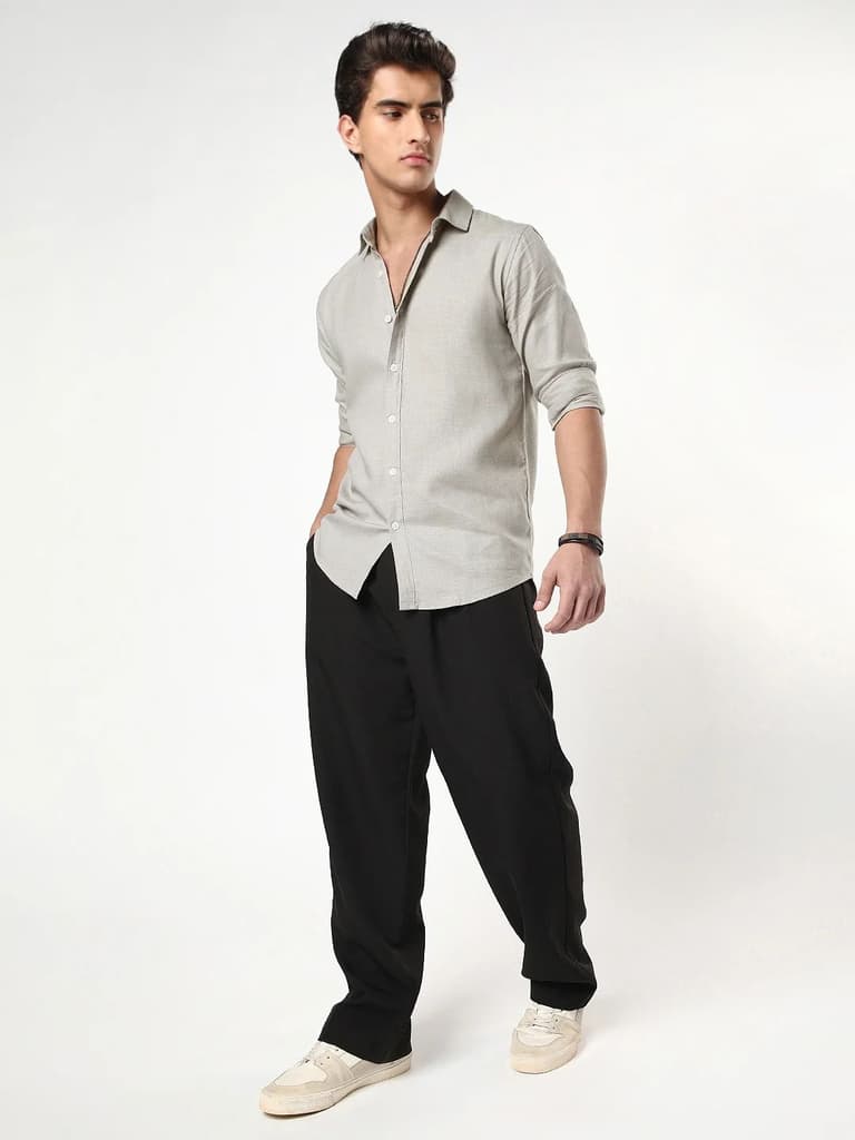 Men's Grey Linen Blend Full Sleeve Relaxed Fit Casual Solid Shirt — photo 4