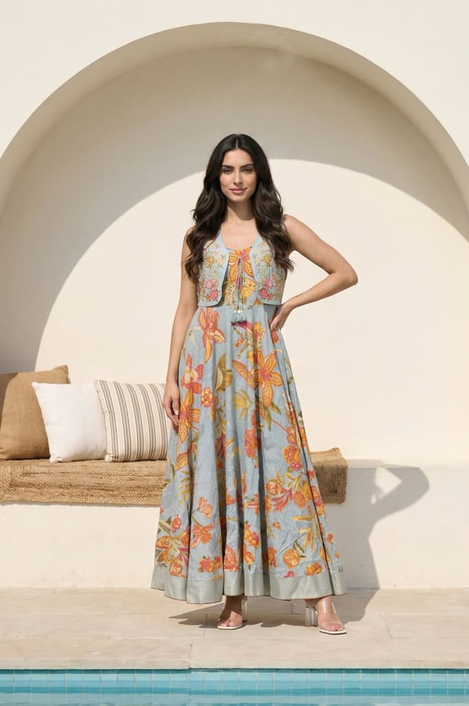 Blue Embroidered Cotton Blend Flared Dress and Gillet Set — XS