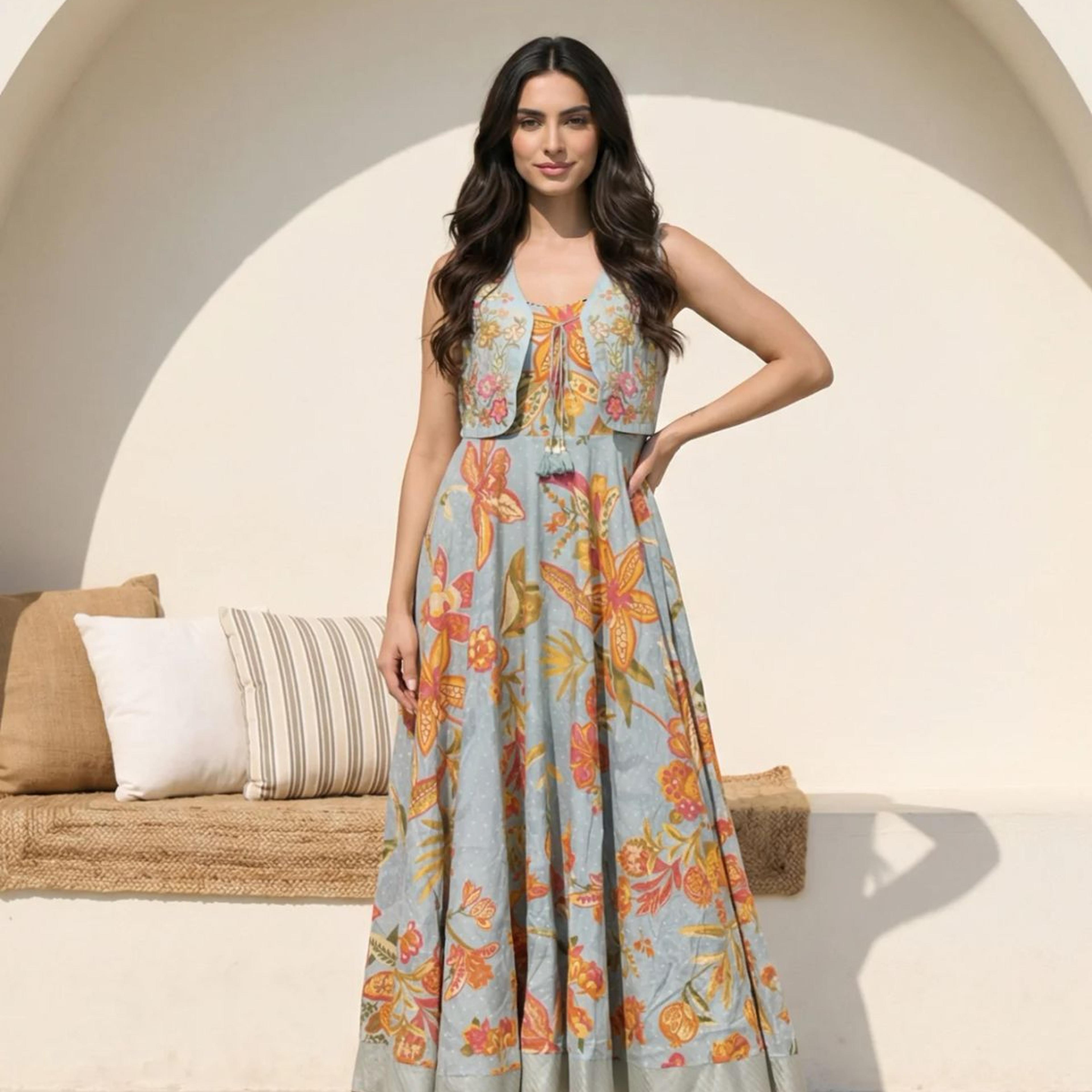 Blue Embroidered Cotton Blend Flared Dress and Gillet Set