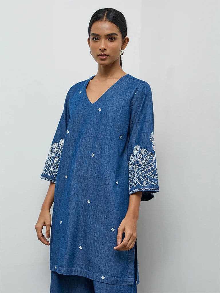 Utsa Indigo Floral Embroidered Denim A-Line Kurta — photo 2