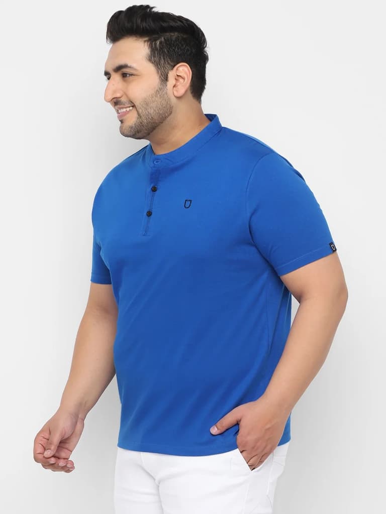 Plus Men's Royal Blue Solid Mandarin Collar Regular Fit Cotton T-Shirt — photo 3