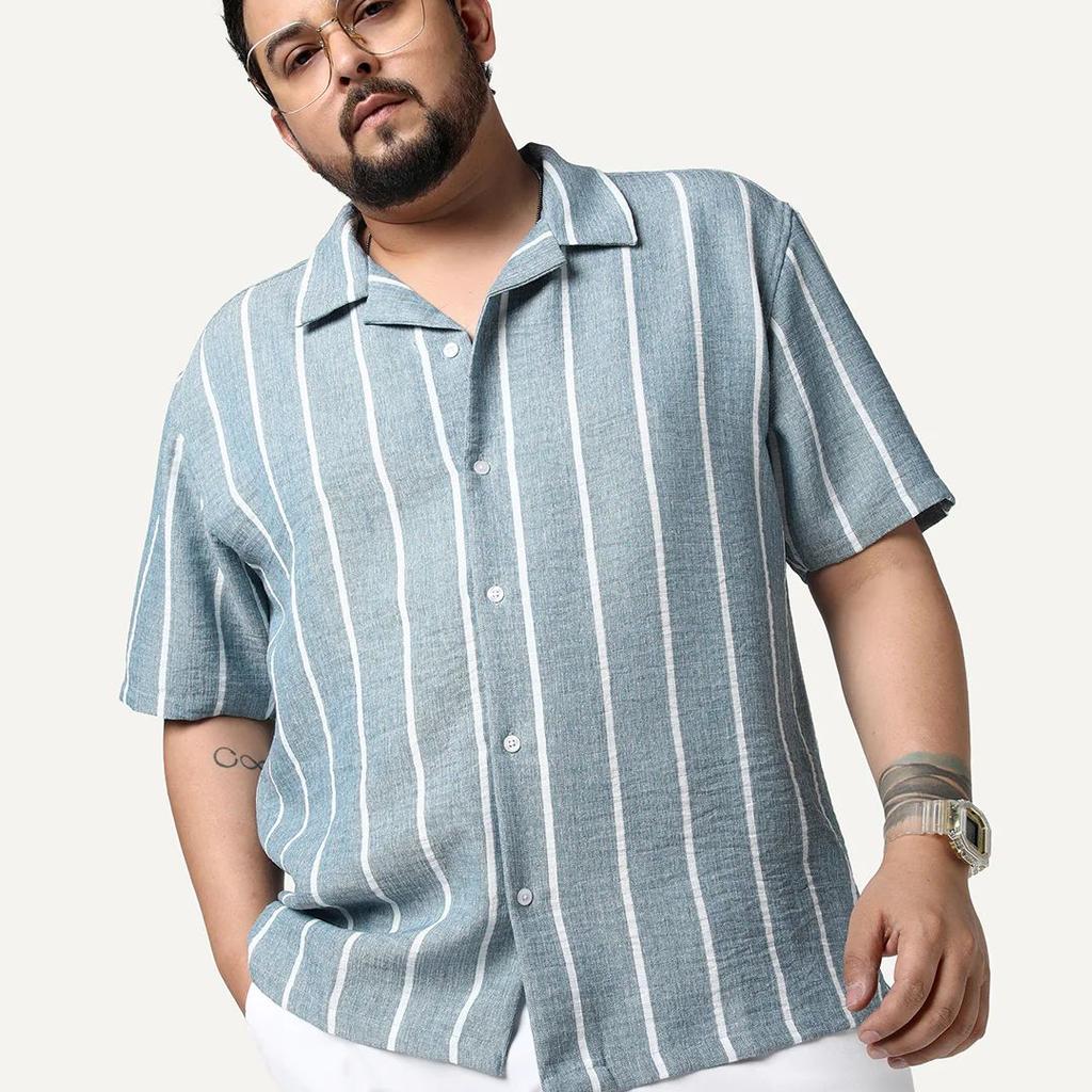 Plus Men's Aqua Cotton Half Sleeve Relaxed Fit Linen Striped Shirt with Cuban Collar