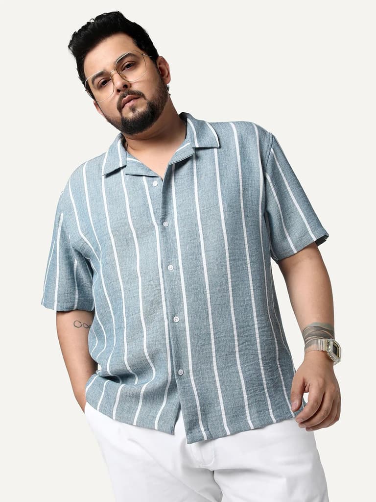 Plus Men's Aqua Cotton Half Sleeve Relaxed Fit Linen Striped Shirt with Cuban Collar — 2XL / Aqua