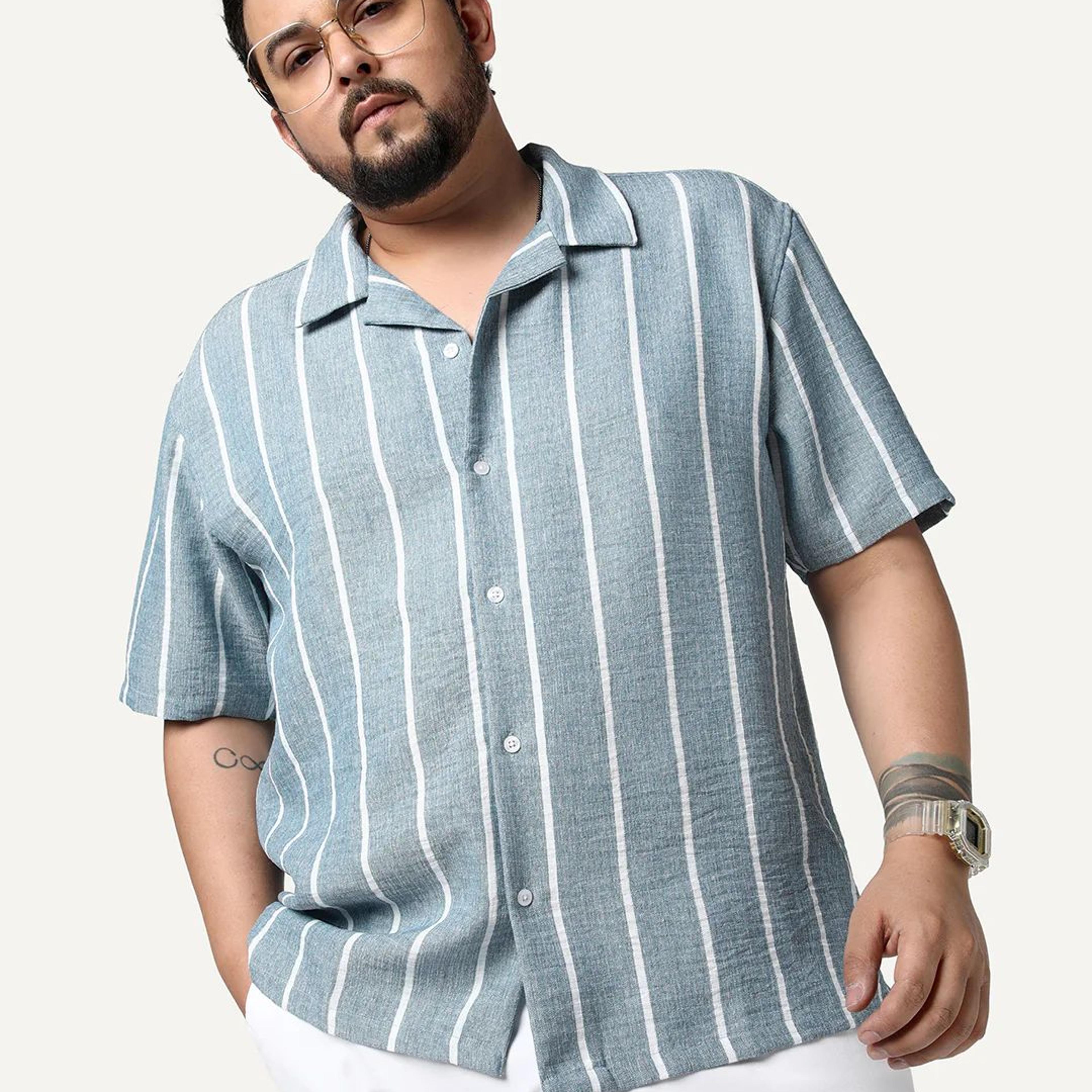 Plus Men's Aqua Cotton Half Sleeve Relaxed Fit Linen Striped Shirt with Cuban Collar