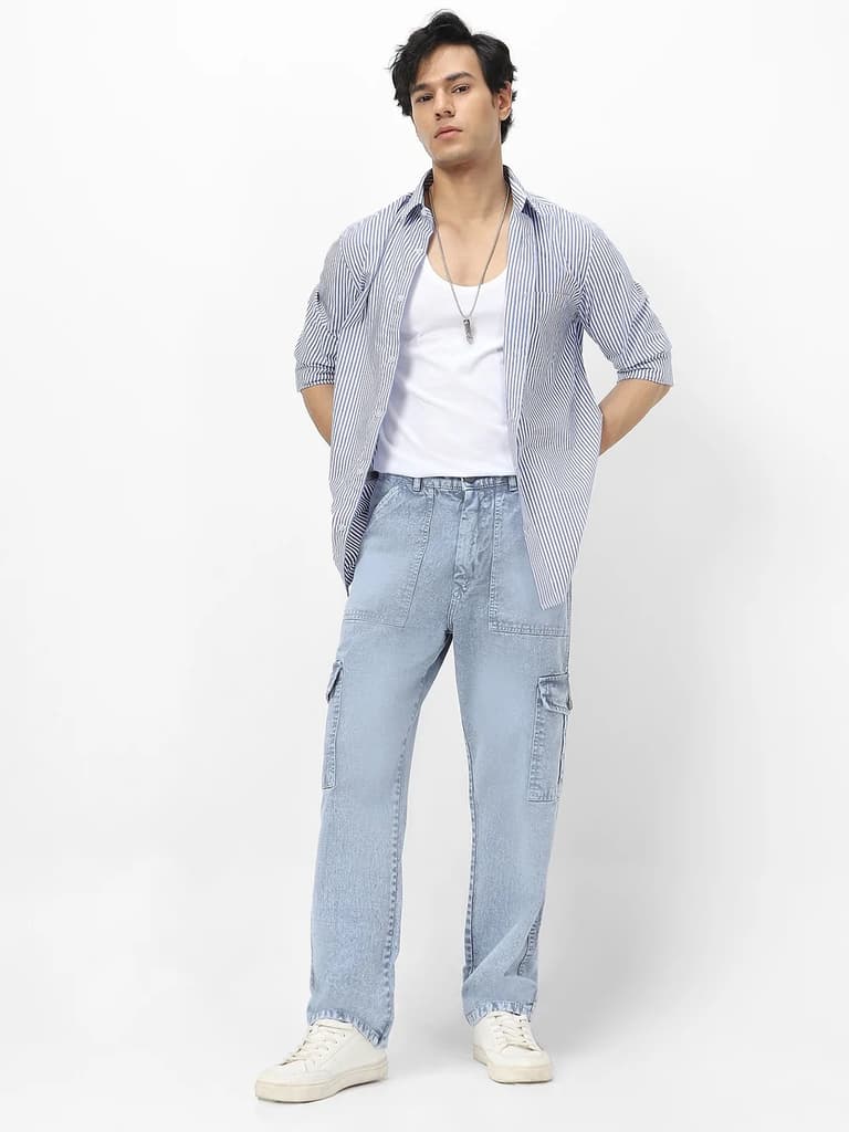 Men's Light Grey Loose Fit Cargo Jeans With 6 Pockets Non Stretchable — photo 4