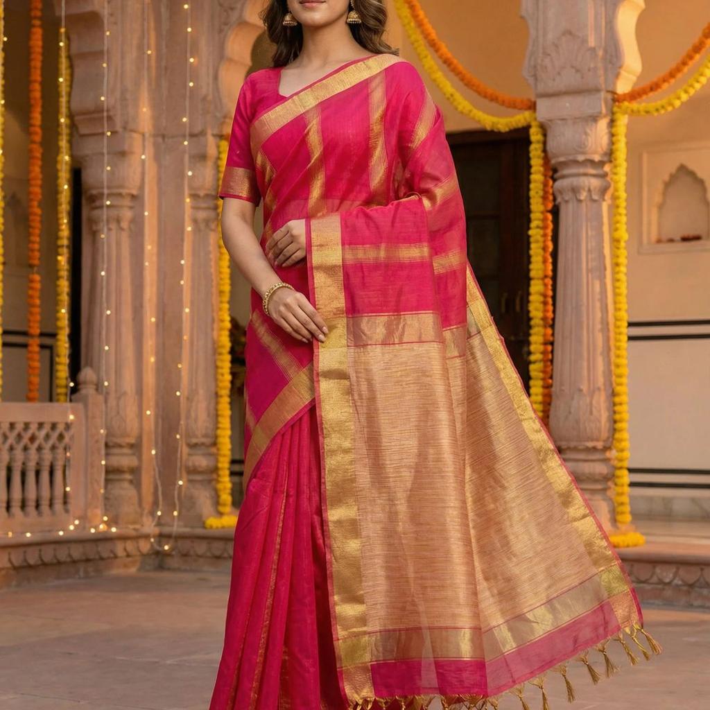MIMOSA Women's Woven Design Banarasi Style Linen Saree with Blouse Piece - Rani ( SA00003153RNFREE )