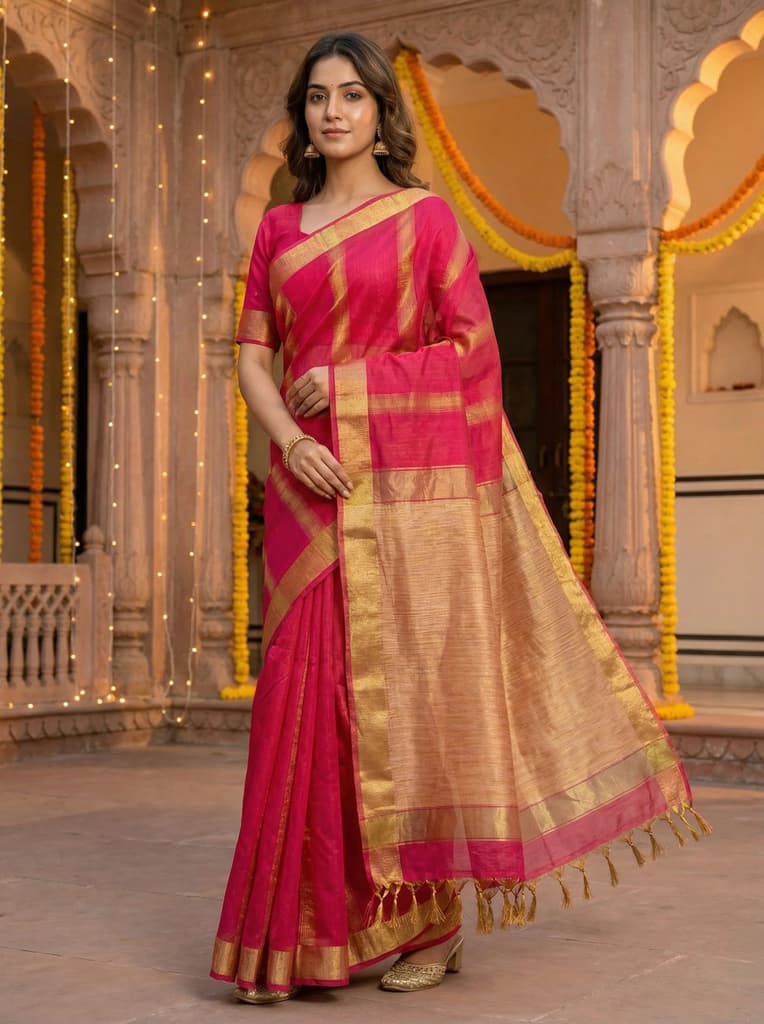MIMOSA Women's Woven Design Banarasi Style Linen Saree with Blouse Piece - Rani ( SA00003153RNFREE ) — Default Title