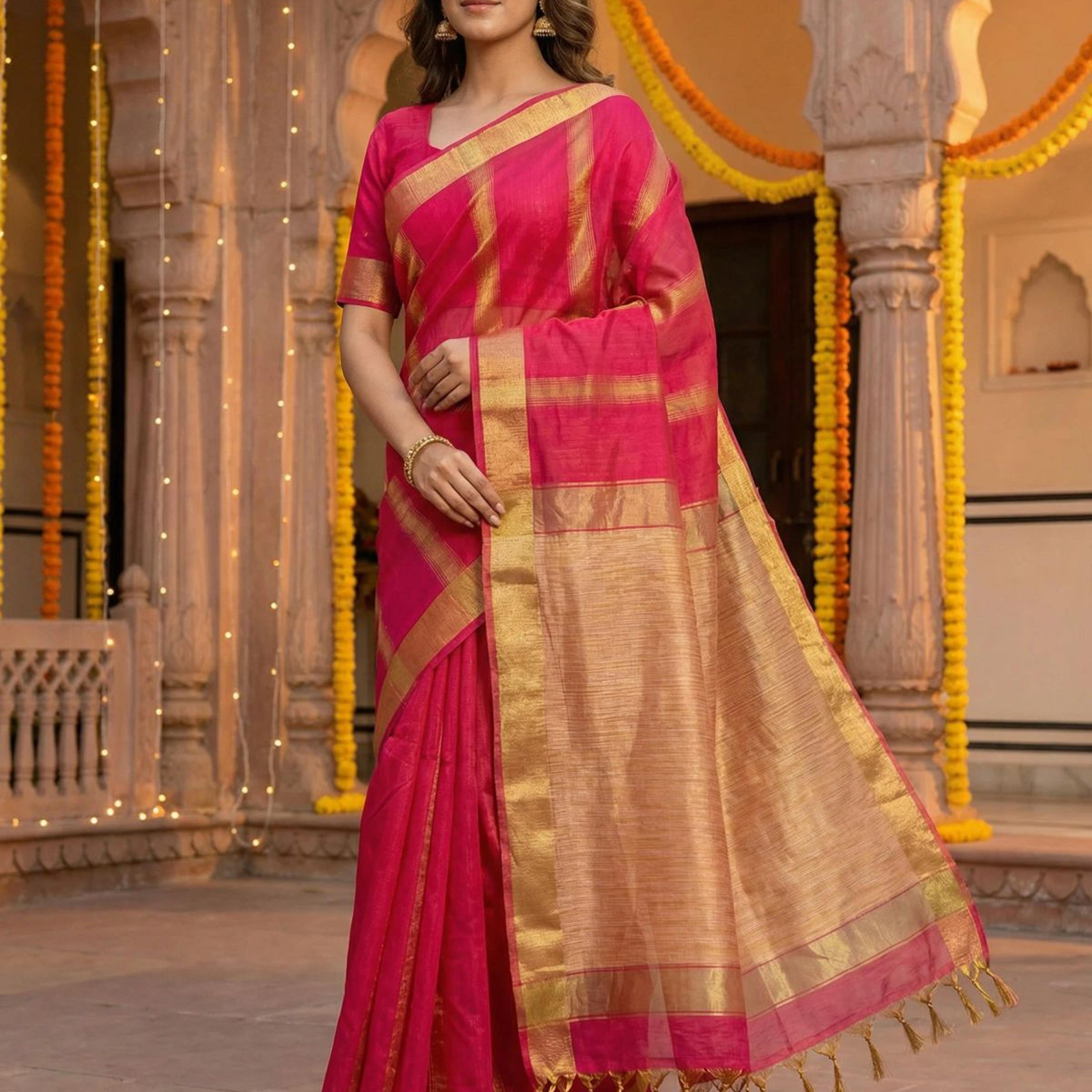 MIMOSA Women's Woven Design Banarasi Style Linen Saree with Blouse Piece - Rani ( SA00003153RNFREE )