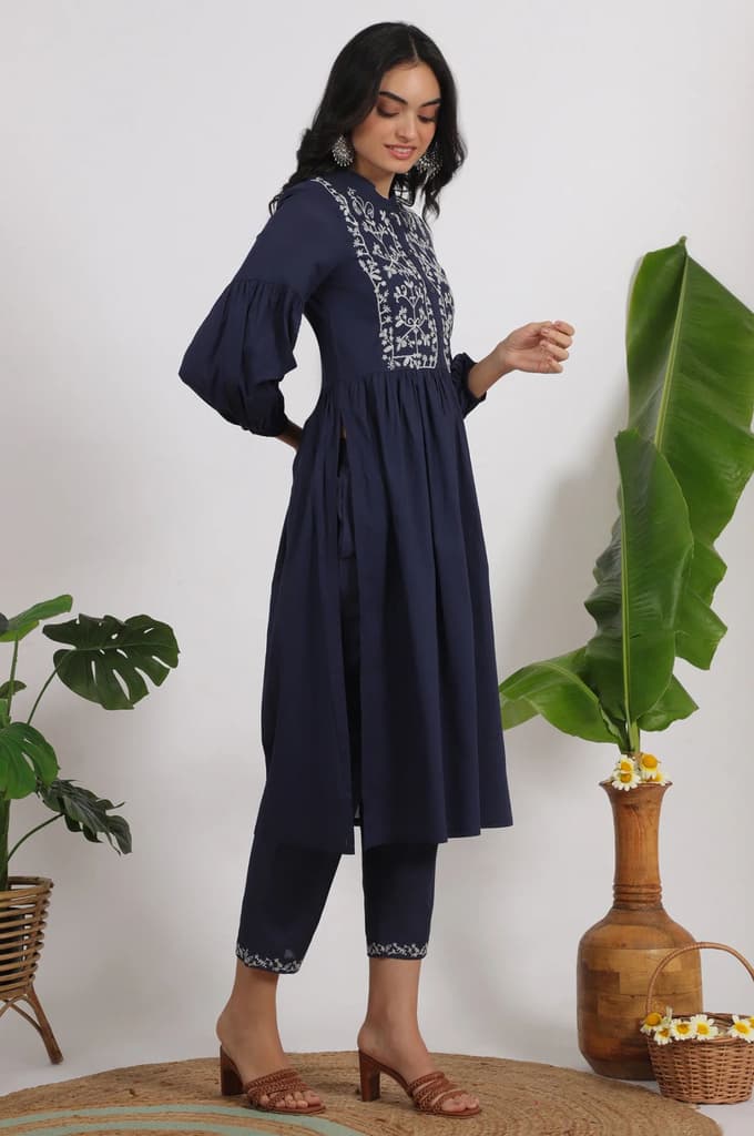 Navy Blue Embroidered Yoke Pure Cotton Kurta and Pants Co-ord Set — photo 7