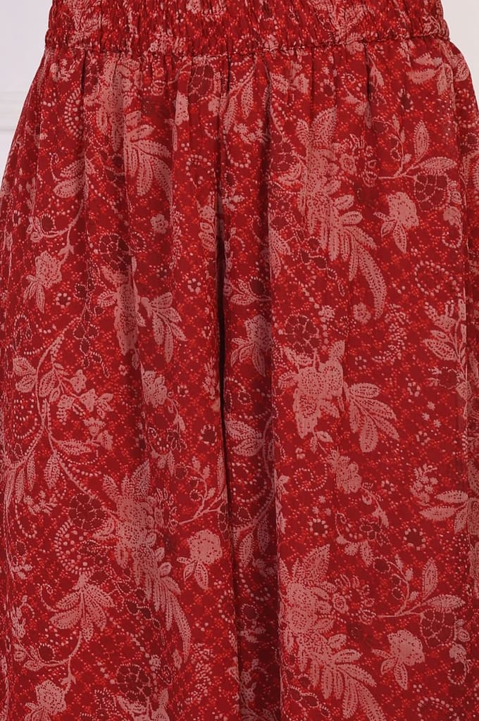 Red Floral Printed Lace Trim Anarkali Chiffon Kurta with Flared Pant and Dupatta Set — photo 7