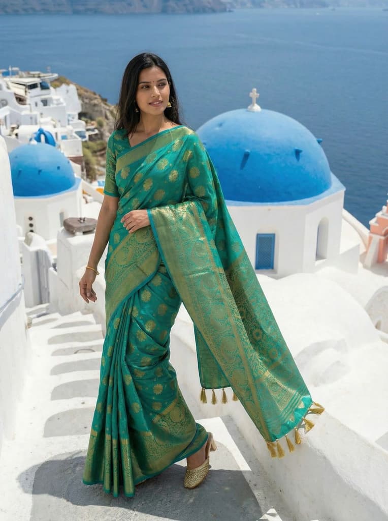 MIMOSA Women's Woven Design Kanjivaram Style Art Silk Saree with Blouse Piece - Saffire ( SA00003142SFFREE ) — photo 2