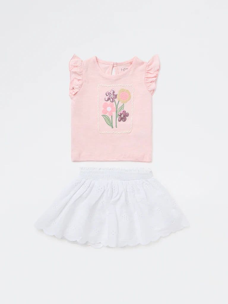 HOP Baby Girls Pink Floral Design Cotton Top and Skirt Set — photo 2
