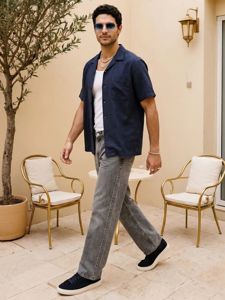 Men's Navy Linen Half Sleeve Oversized Fit Shirt with Cuban Collar — photo 4