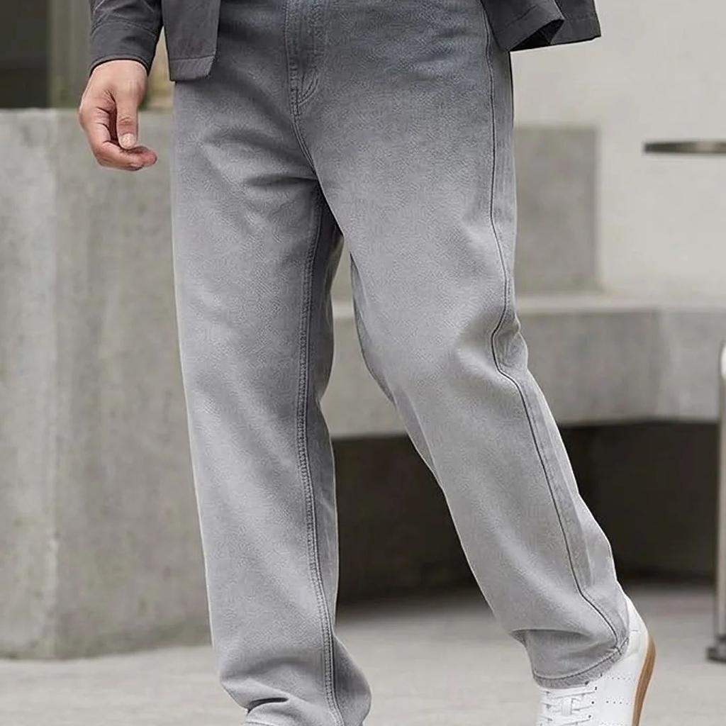 Men's Grey Loose Baggy Fit Heavy Washed Faded Denim Jeans Non-Stretchable