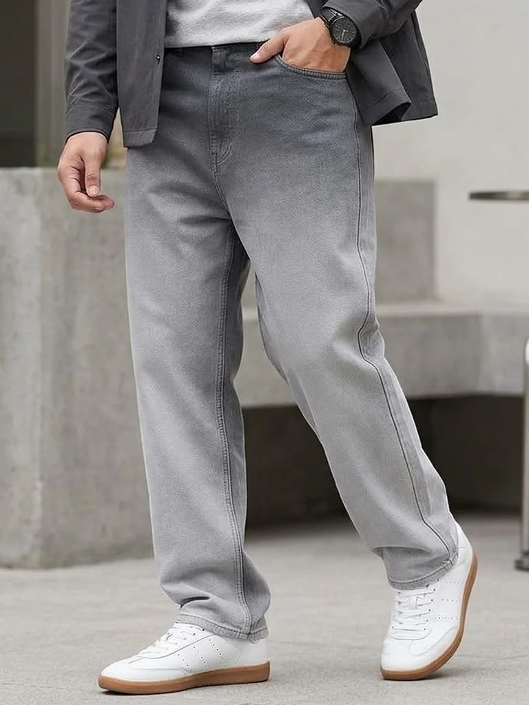 Men's Grey Loose Baggy Fit Heavy Washed Faded Denim Jeans Non-Stretchable — 28 / Grey