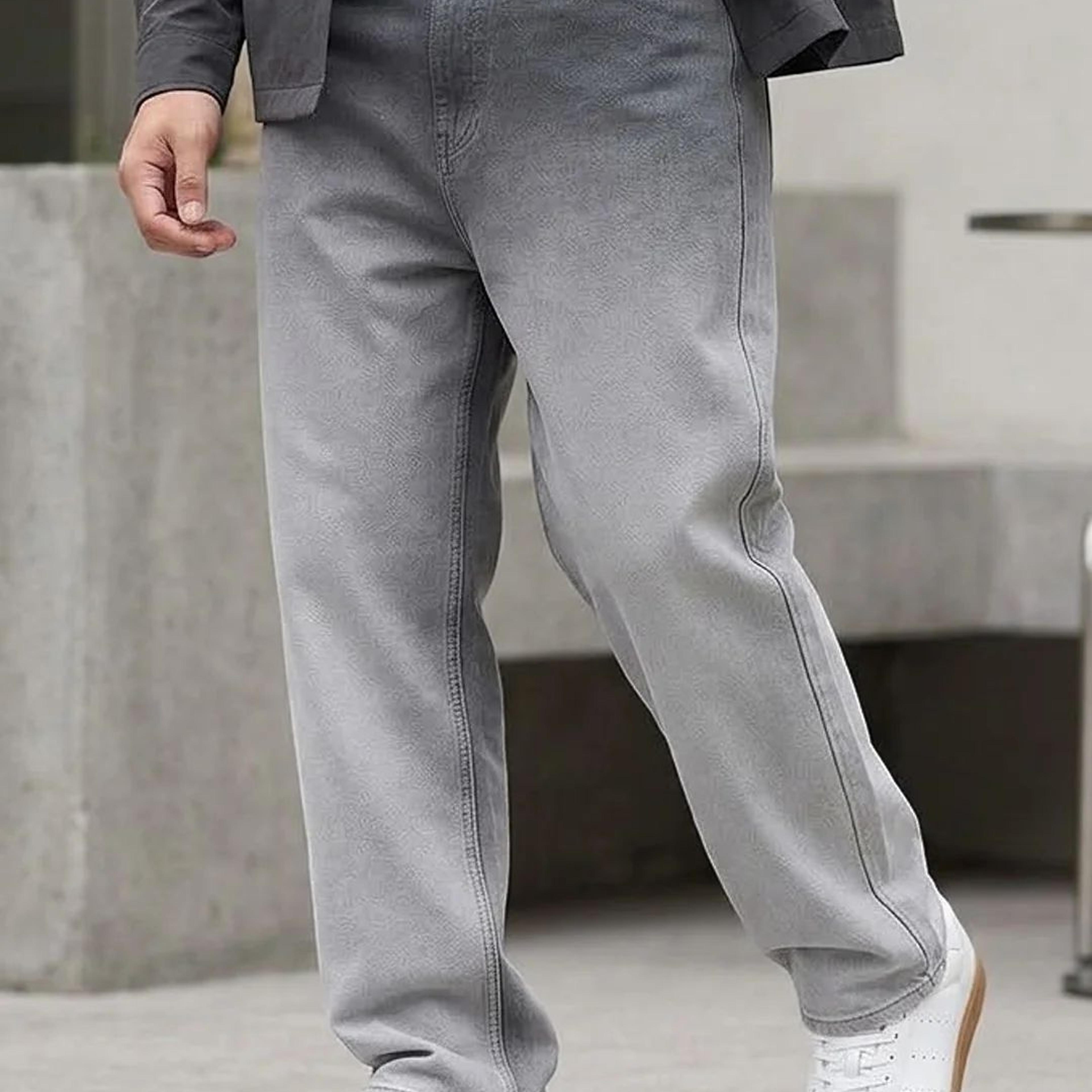 Men's Grey Loose Baggy Fit Heavy Washed Faded Denim Jeans Non-Stretchable