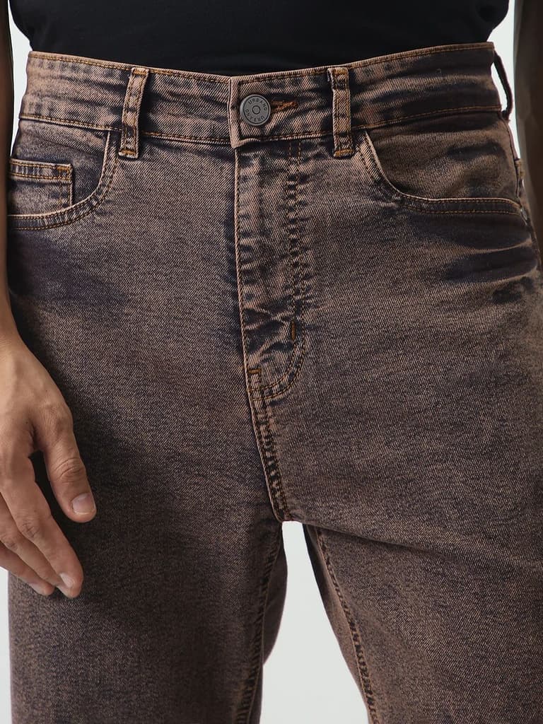 Men's Light Brown Straight Fit Heavy Washed Jeans Stretchable — photo 5