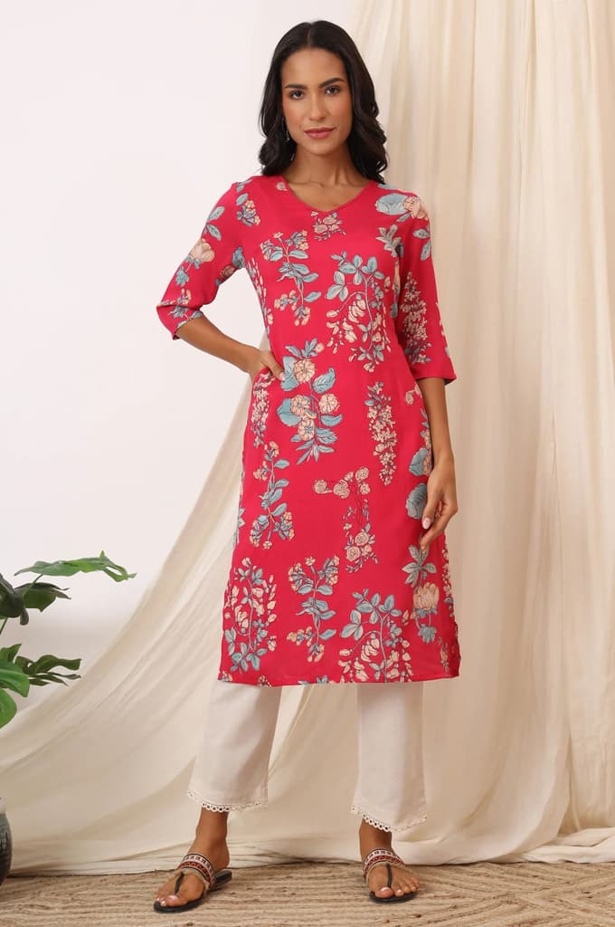 Pink Floral Printed Modal Straight Kurta — photo 3