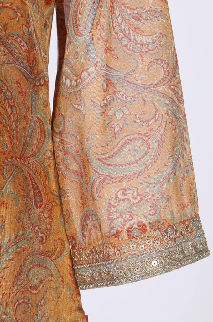 Mustard Sequins Paisley Printed Tissue Straight Kurta with Straight Pants and Dupatta Set — photo 7