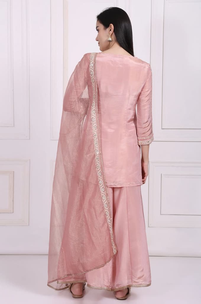 Pink Embroidered Straight Tissue Kurta with Culotte and Dupatta Set — photo 6