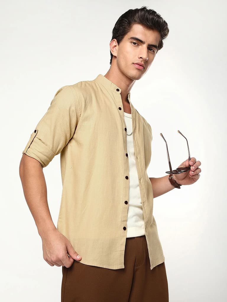 Men's Beige Linen Blend Full Sleeve Relaxed Fit Mandarin Collar Casual Solid Shirt — photo 2