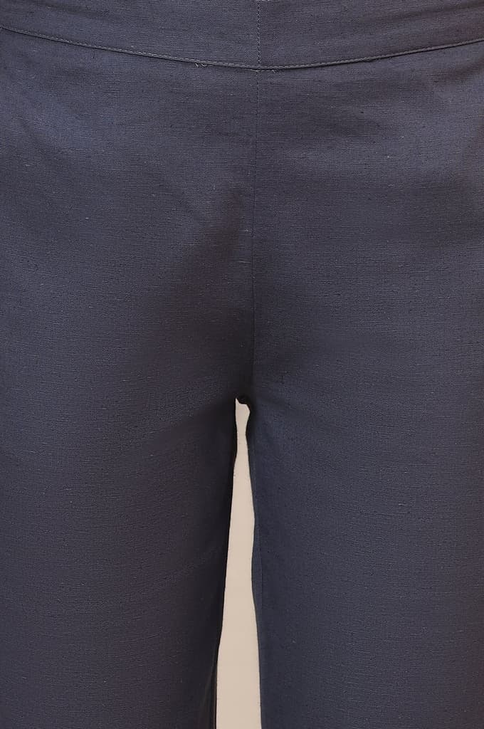 Grey Solid Slim Fit Cotton Trousers With Elasticated Waist — photo 6