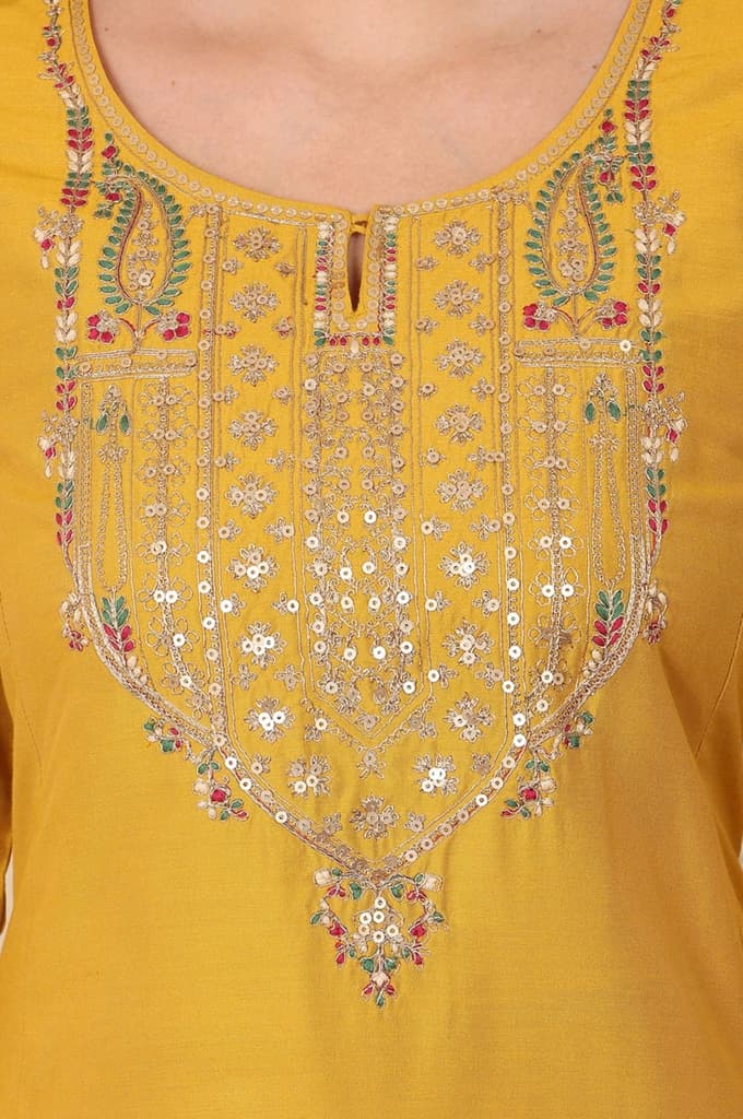 Mustard Embroidered A-Line Rayon Kurta — photo 3