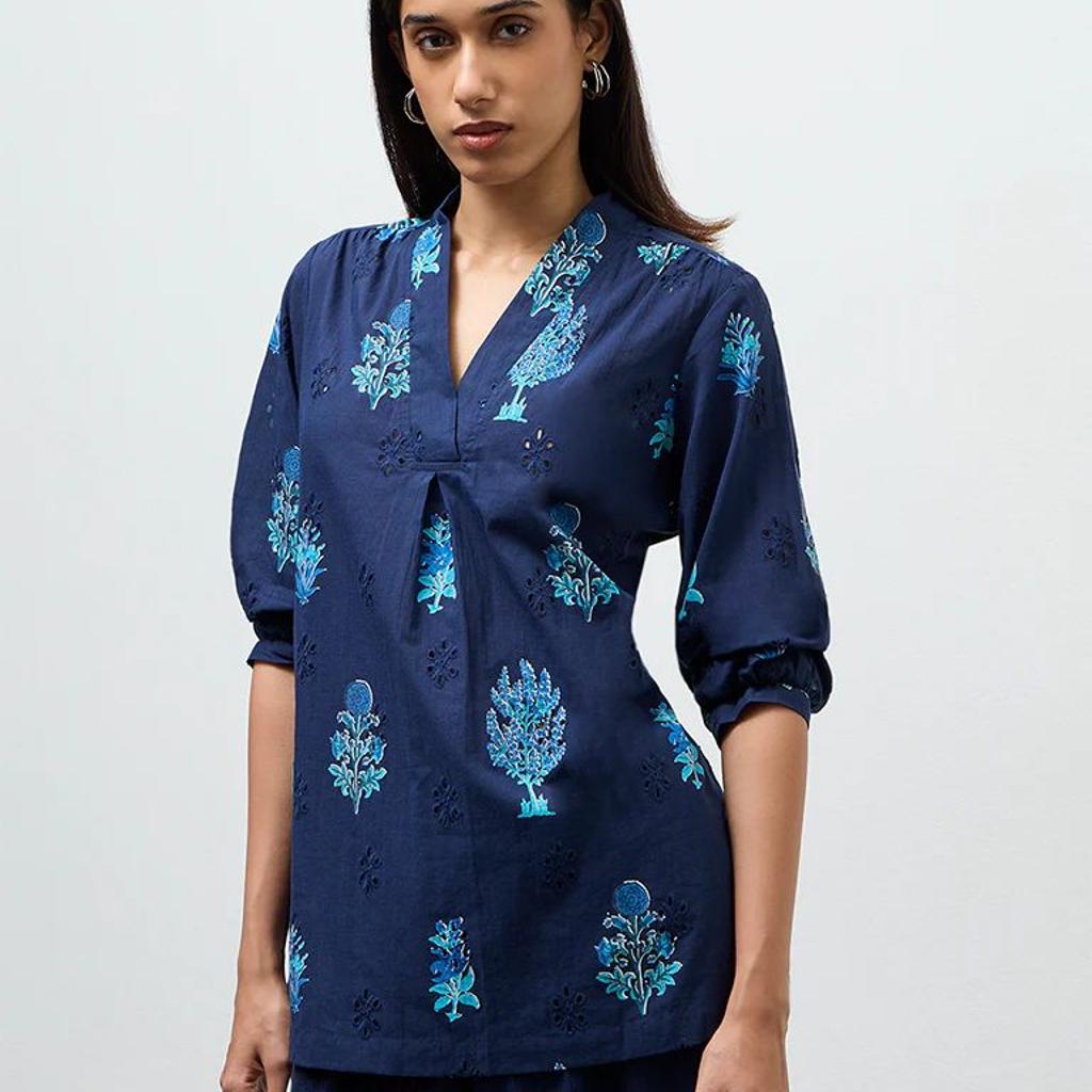 Utsa Navy Floral Printed Cotton Tunic