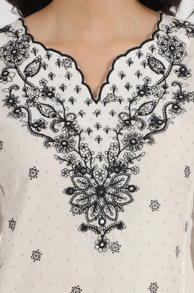 White Printed Cotton Lurex Dobby Flared Kurta with Embroidered Yoke — photo 4