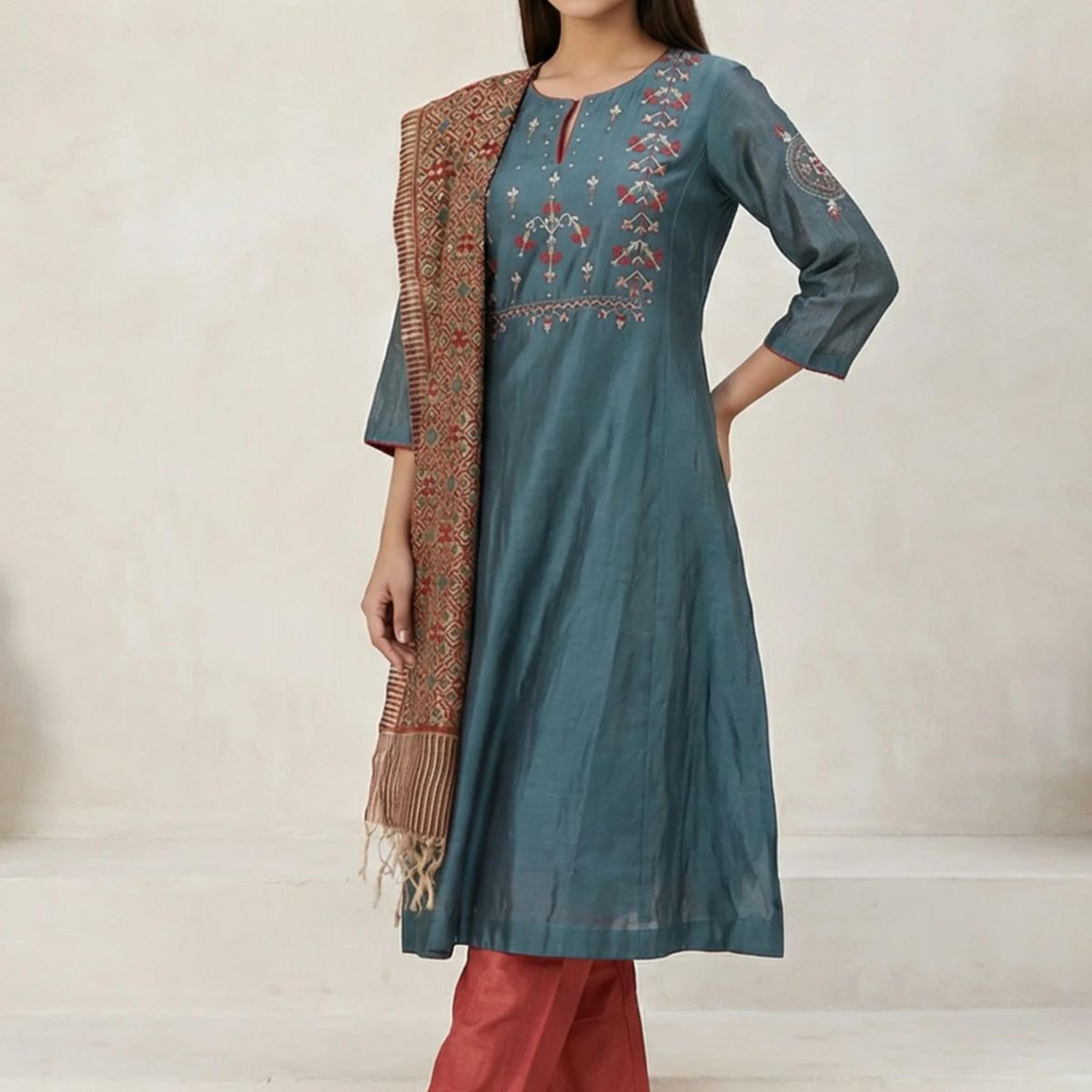 Teal Embroidered Silk Blend A-line Kurta with Straight Pants and Dupatta Set