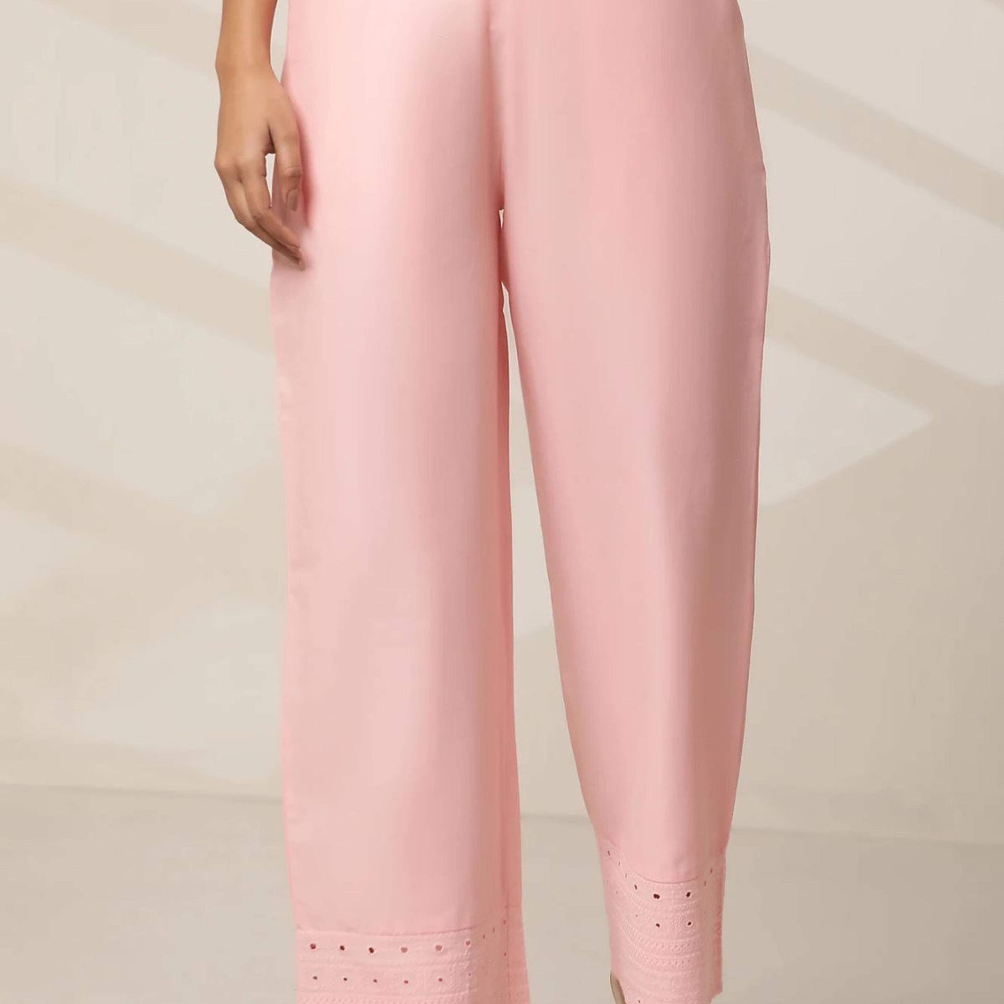 Pink Embroidered Straight Fit Cotton Palazzo With Elasticated Waist
