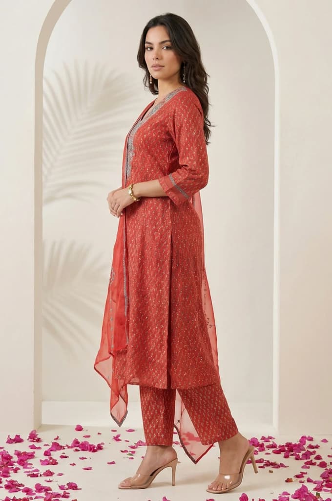 Red Floral Printed Sequins Chanderi Straight Kurta with Straight Pants and Dupatta Set — photo 4
