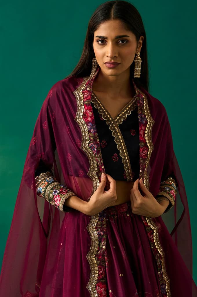 Purple Floral Embroidered Winter Velvet Blouse with Skirt and Dupatta Set — photo 2