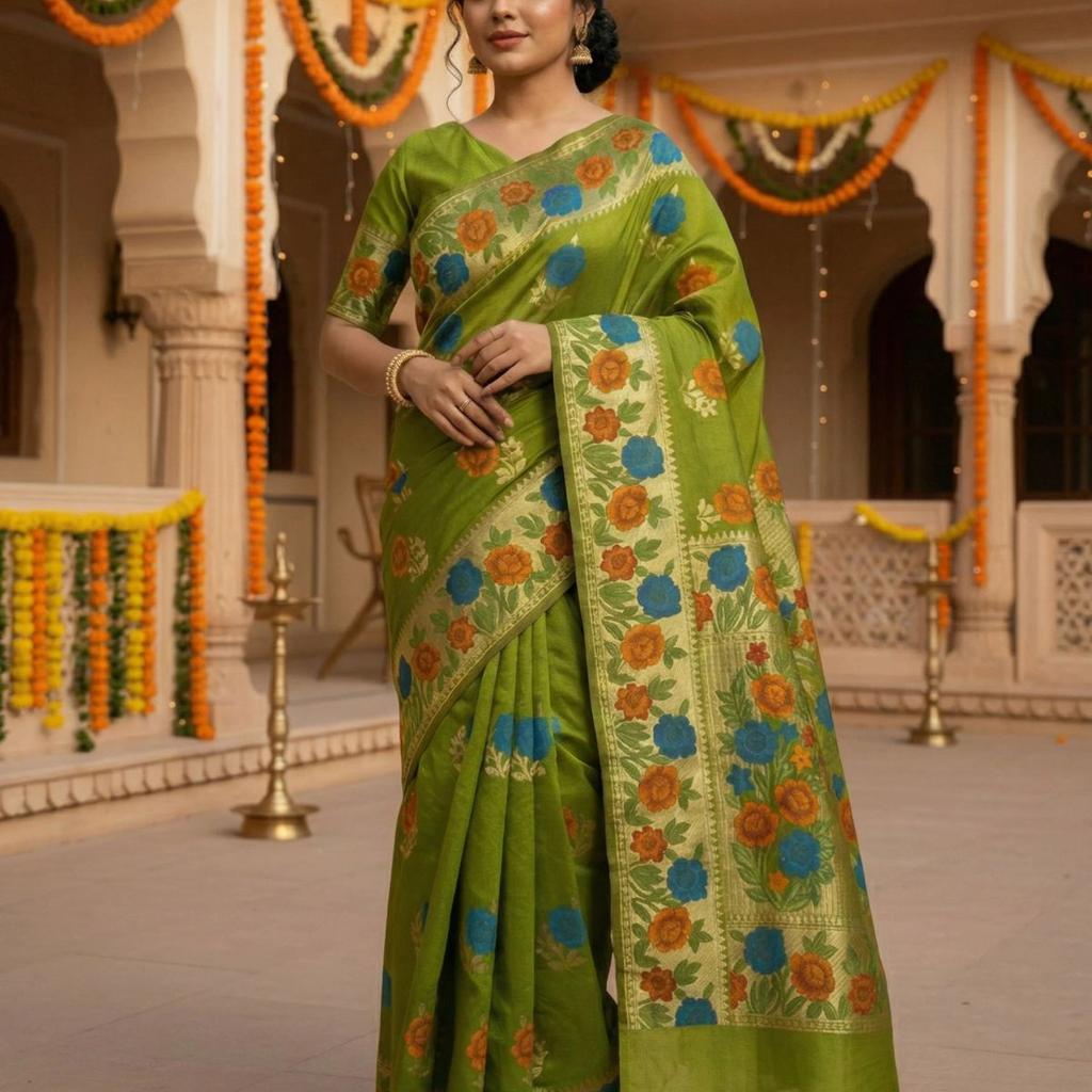 MIMOSA Women's Woven Design Paithani Style Raw Silk Saree with Blouse Piece - Olive ( SA00003129OLFREE )