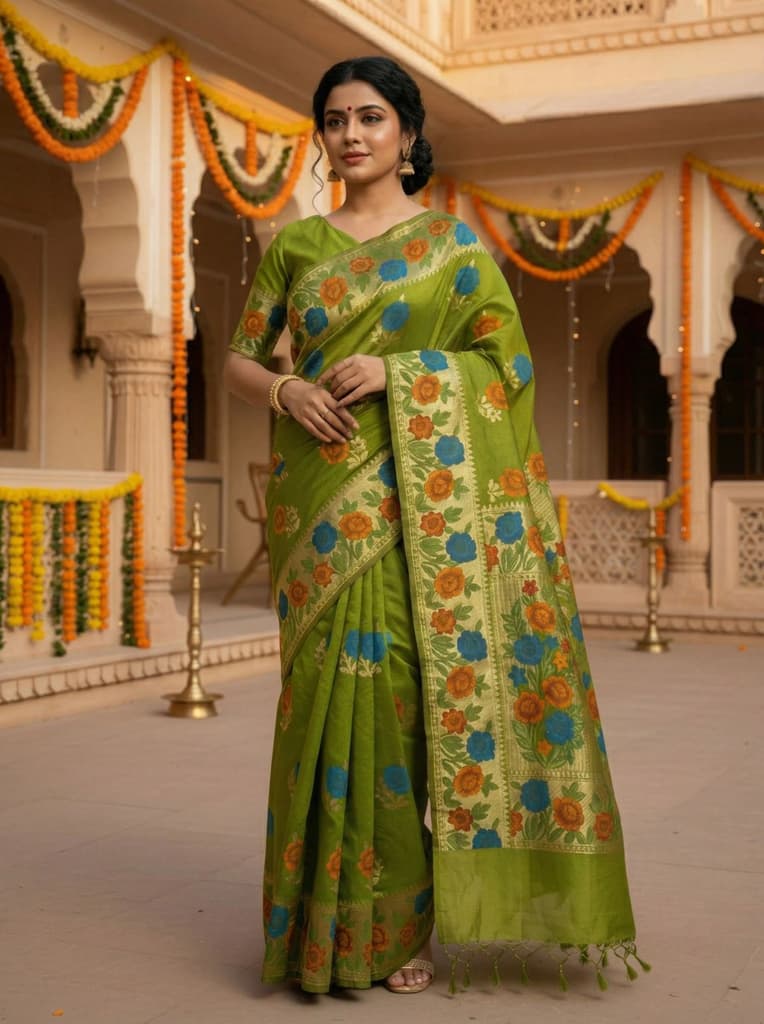 MIMOSA Women's Woven Design Paithani Style Raw Silk Saree with Blouse Piece - Olive ( SA00003129OLFREE ) — Default Title