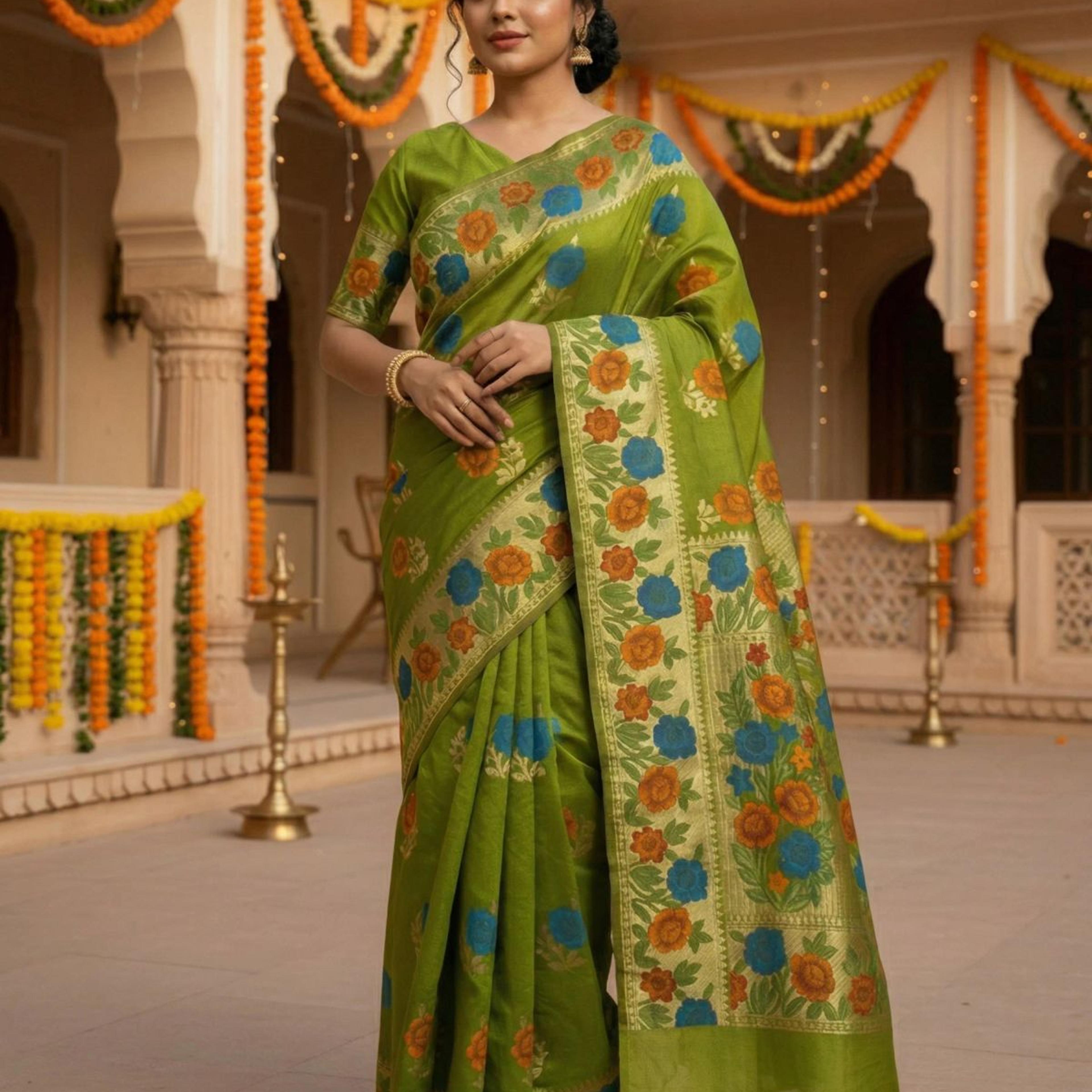 MIMOSA Women's Woven Design Paithani Style Raw Silk Saree with Blouse Piece - Olive ( SA00003129OLFREE )