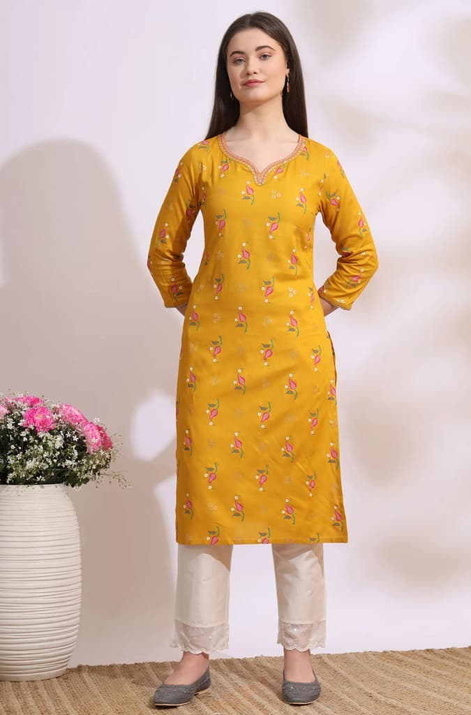 Deep Yellow Floral Printed Rayon Straight Kurta with Embroidered Neck — photo 2