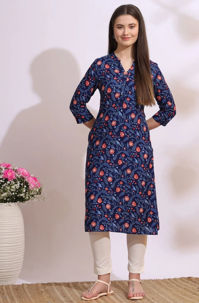 Blue Bold Floral Printed Cotton Cambric Straight Kurta — photo 3