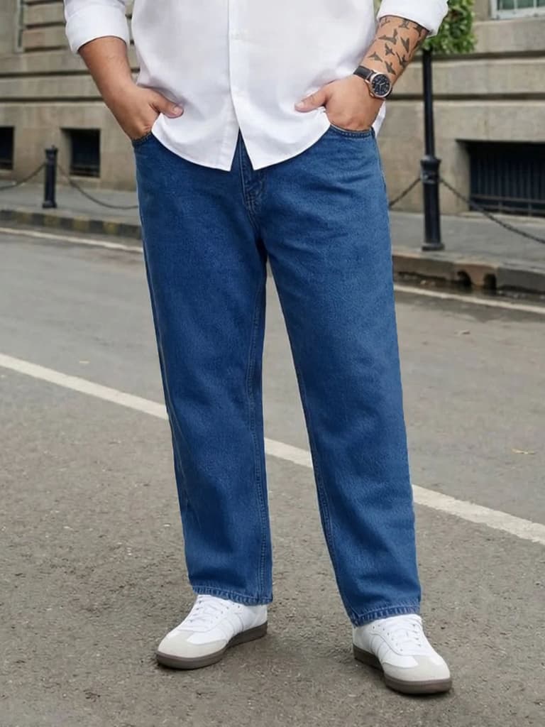 Plus Men's Blue Relaxed Fit Washed Denim Jeans Non-Stretchable — 36 / Blue