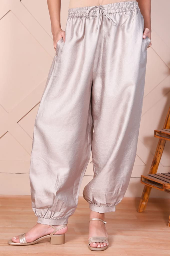 Silver Solid Relaxed-Leg Pants
