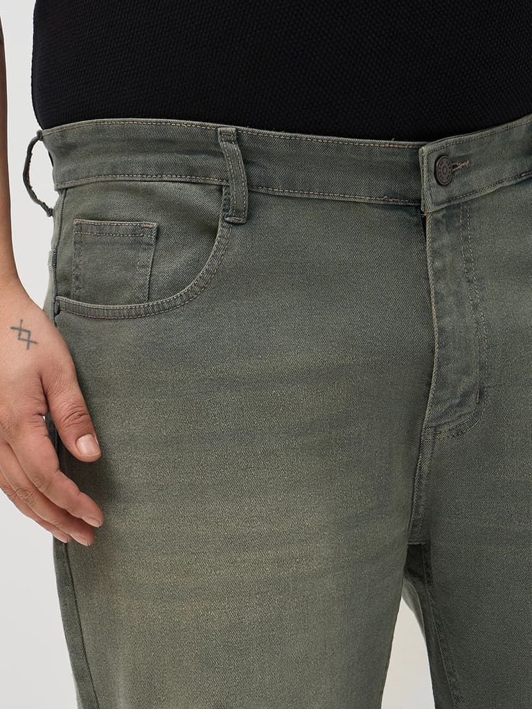 Plus Men's Grey Regular Fit Whisker Washed Yellow Tint Denim Jeans Stretchable — photo 5