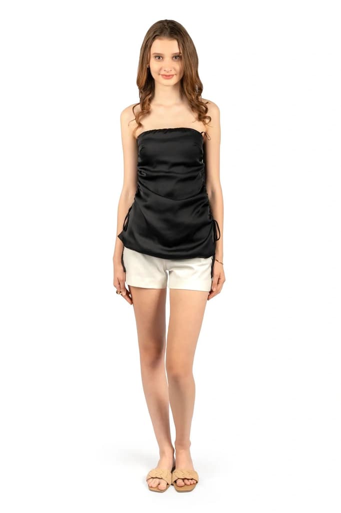 Black Solid Poly Satin Fitted Tube Top