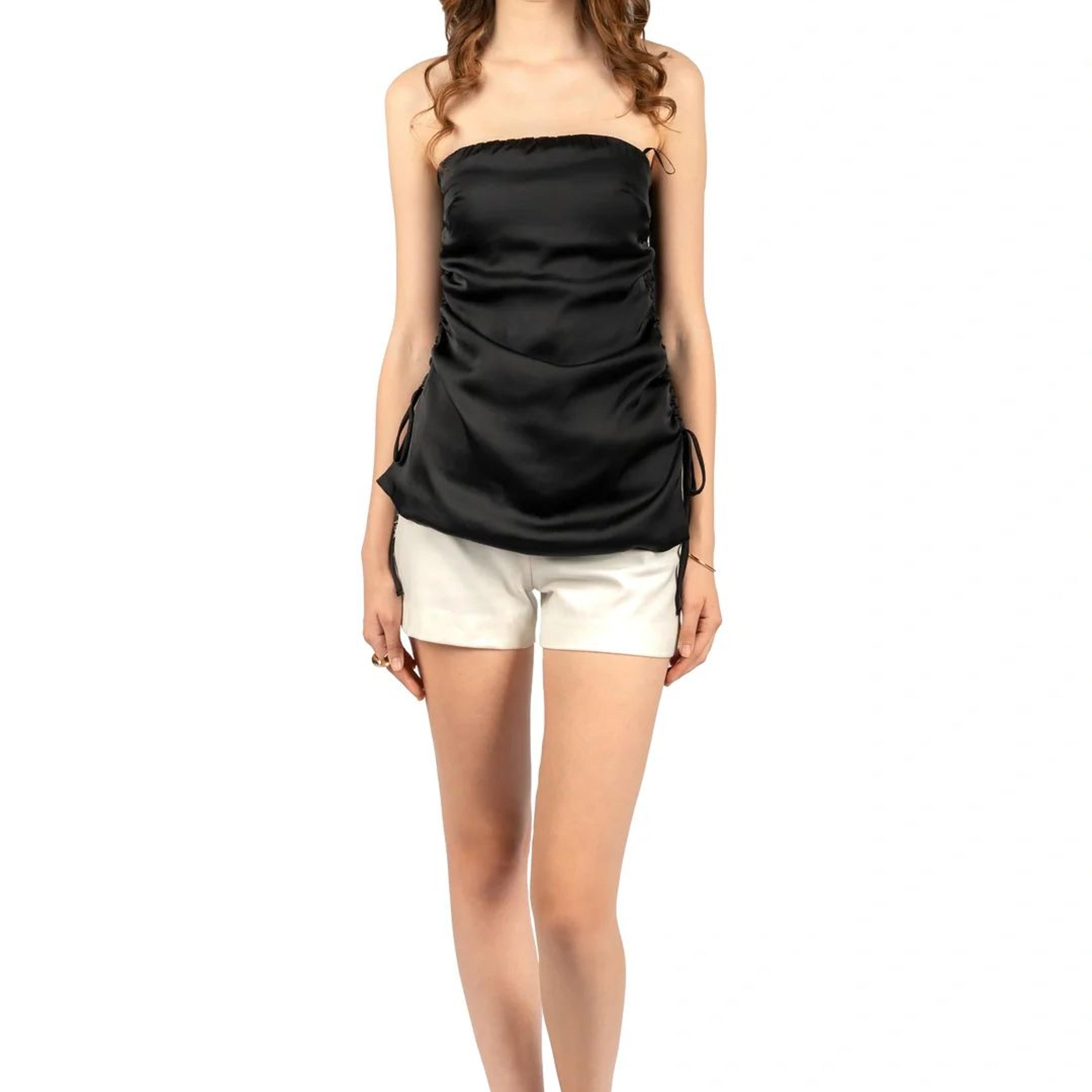 Black Solid Poly Satin Fitted Tube Top