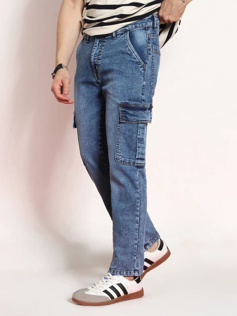 Men's Light Blue Regular Fit Washed Cargo Jeans With 6 Pockets Stretchable — photo 2