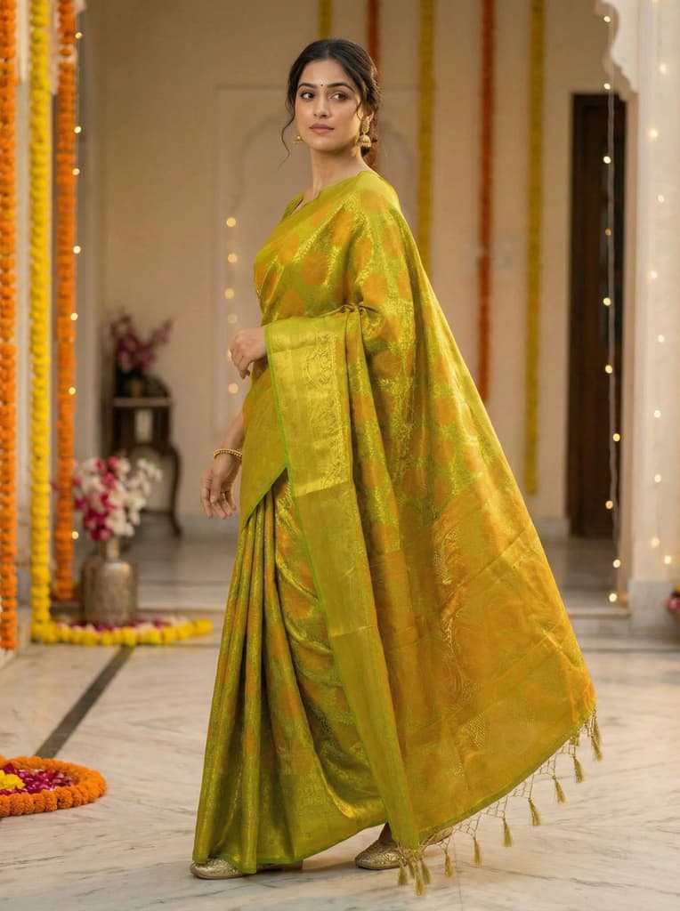 MIMOSA Women's Woven Design Kanjivaram Style Art Silk Saree with Blouse Piece - Olive ( SA00003147OLFREE ) — photo 3