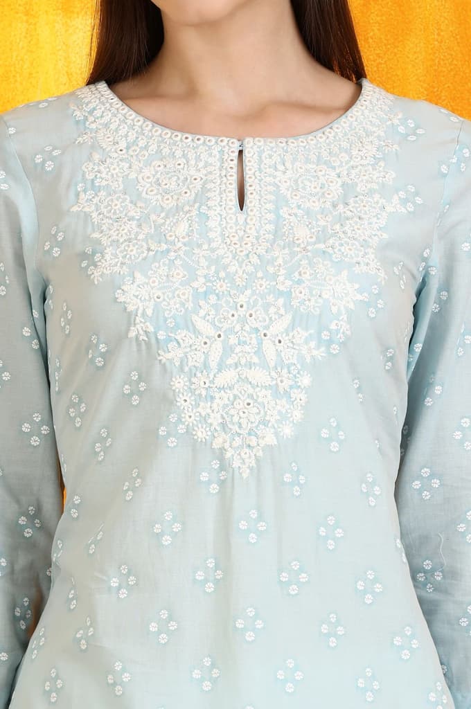 Light Blue Printed Pure Cotton Straight Kurta with Embroidery — photo 4