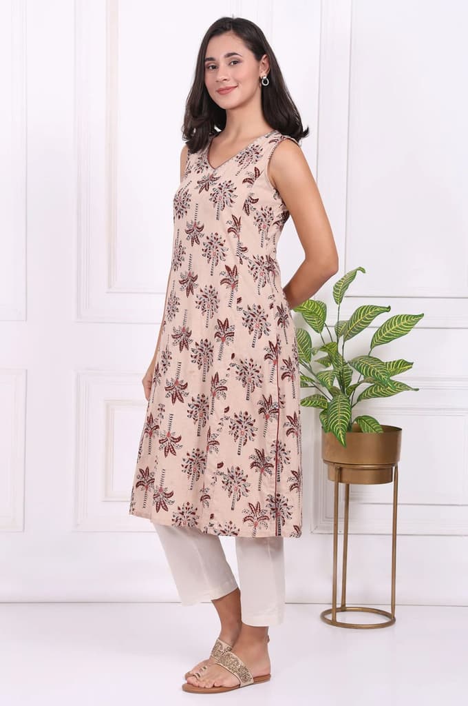 Beige Floral Printed Pure Cotton Straight A-line Kurta — photo 4