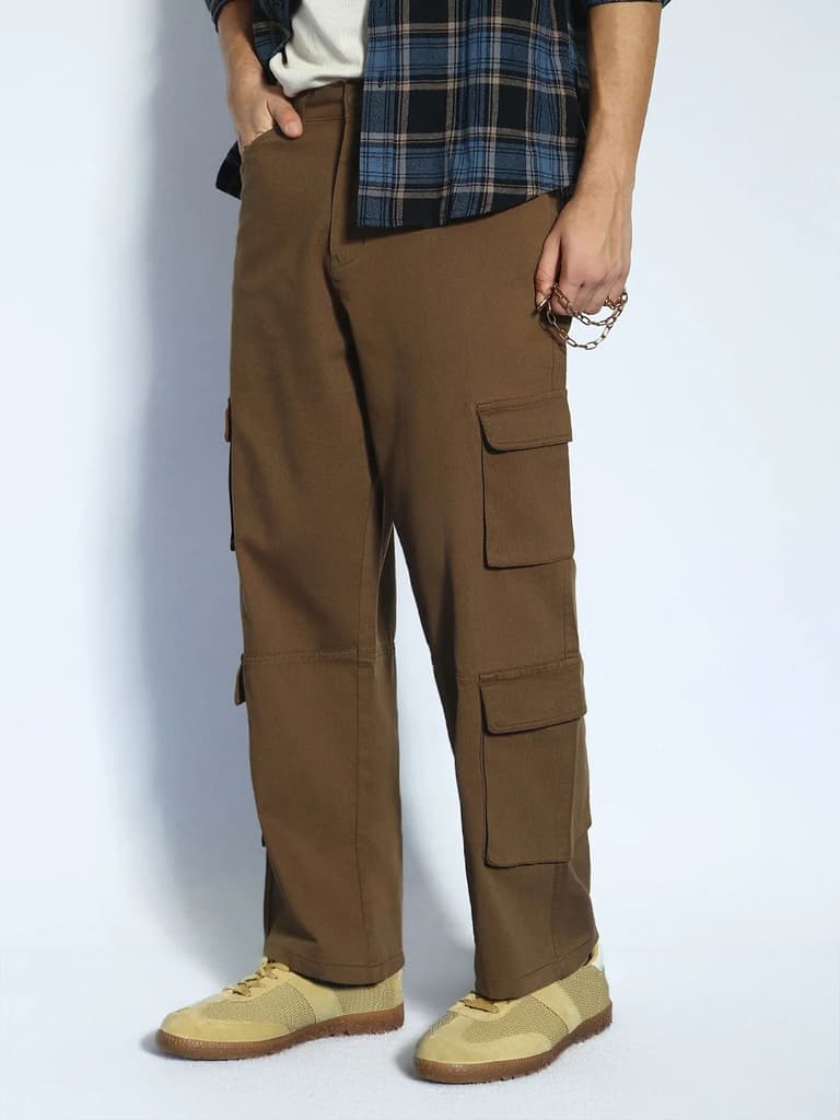 Men's Brown Loose Baggy Fit Cargo Chino Pant with 8 Pockets Stretchable — photo 2